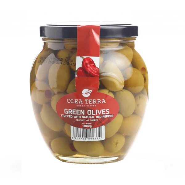 Olea Terra Green Olives Double Stuffed With Almond And Red Pepper 1Kg