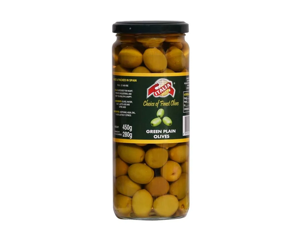 Italia Green Plain Olives 450G
