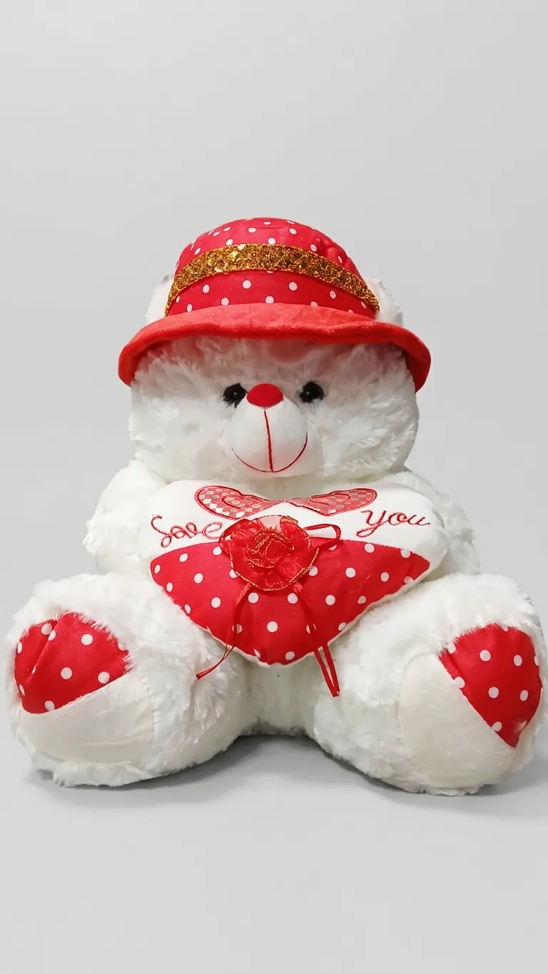 Teddy White With Red Cap Large 1882-40 Baalu Dabal Dil Rose 40CM