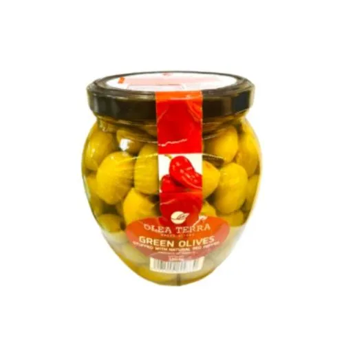 Olea Terra Green Olives Double Stuffed With Almond And Red Pepper 570G