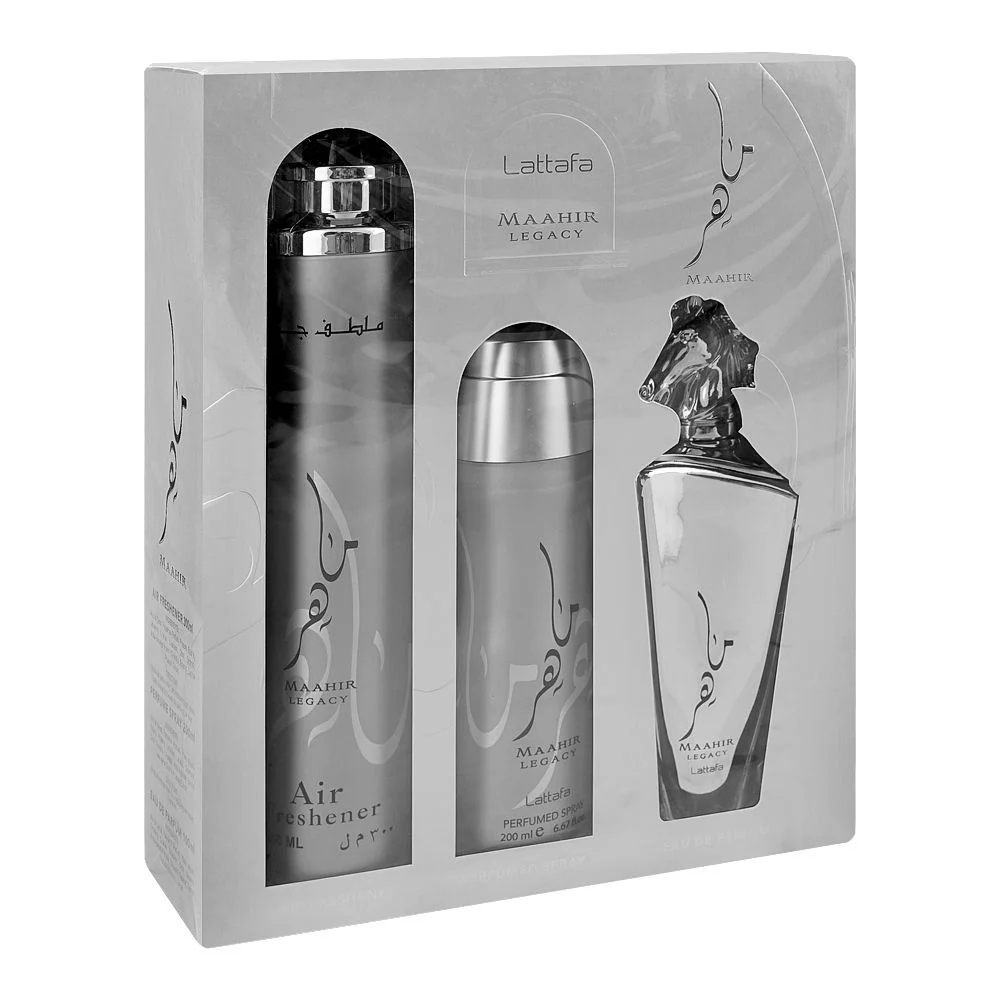Lattafa Gift Set Eau De Parfum+Air Freshener+Body Spray Maahir Legacy