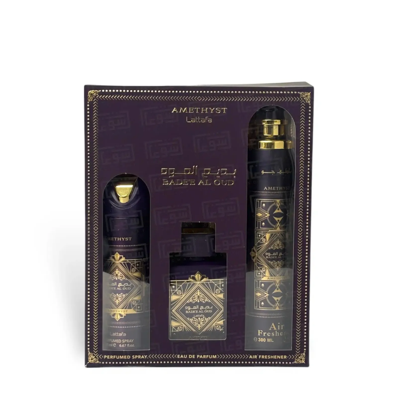 Lattafa Gift Set Eau De Parfum+Air Freshener+Body Spray Badee Al Oud Amethyst